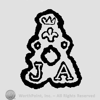 Crown above fleur de lis and two white pearls above letters J diamond A
