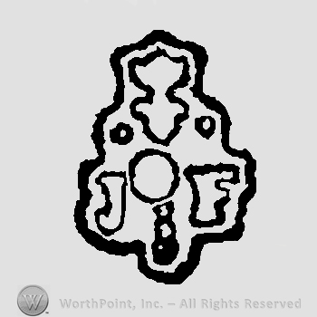 Crown above fleur de lis and two white pearls above letters JIF and circle in the middle