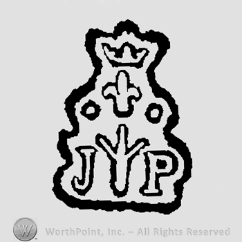 Crown above fleur de lis and two white pearls above letters J fleur de lis P