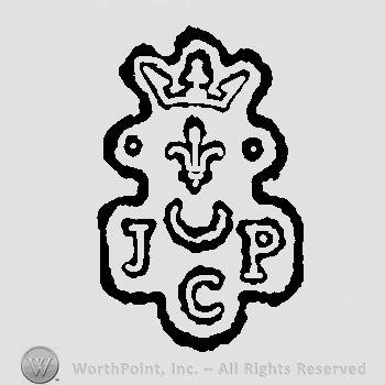 Crown above fleur de lis and two white pearls above letters JCP and half moon in the middle