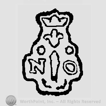 Crown above fleur de lis and two white pearls above letters N anchor C