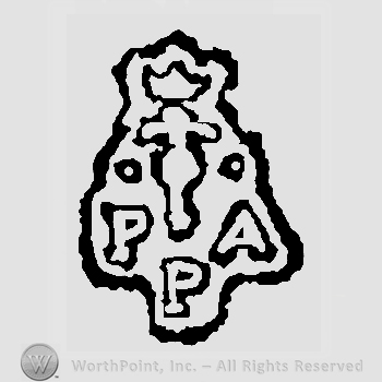 Crown above fleur de lis and two white pearls above letters PPA  and fleur de lis in the middle