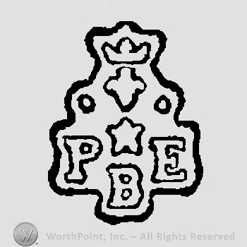 Crown above fleur de lis and two white pearls above letters PBE  and star in the middle