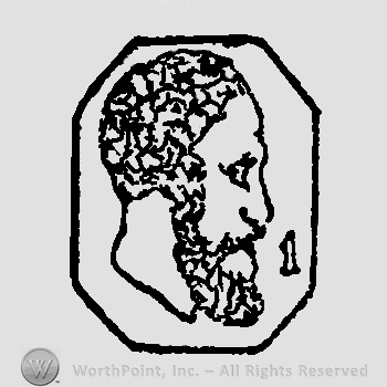 Man half face facing right with beard and number 1 all inside a hexagon
