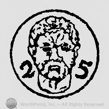 Roman man head numbers 2 and 5 left and right all inside an oval