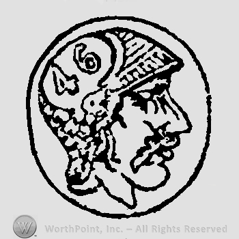 Half face of roman soldier facing right with beard inside an oval with number 46 on his helmet