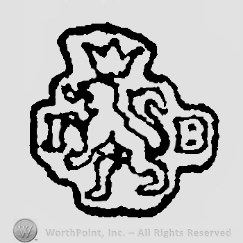 Crown above lion on two feet letters I and B left and right