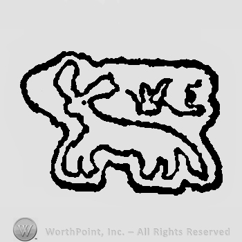 Animal facing left beneath initials VE