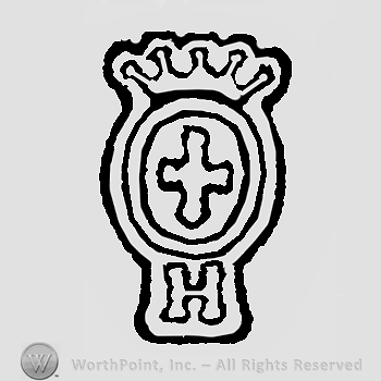 Crown above oval panel containing cross. Capital initial H below
