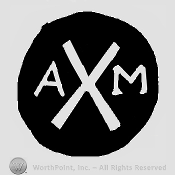 Two crossed objects between initials A M, inside black frame