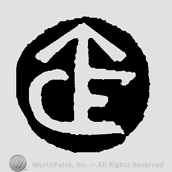 Monogram of initials C E and an arrow, inside black circular frame