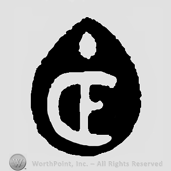 Monogram of initials: C E below teardrop, inside black large teardrop