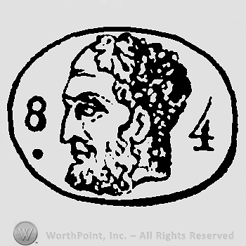 Circle with a man head and numbers 8 and 4 one side and another.