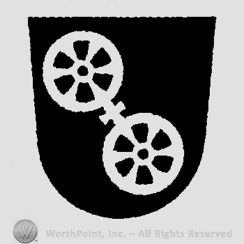 Shield with two wheels and a cross between.
