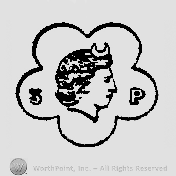 Woman head with a crescent above and letter p on the left, number 3 on the right.