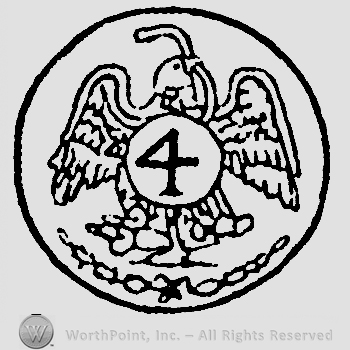Circle with an opened wings eagle and another circle enclosing number 4.