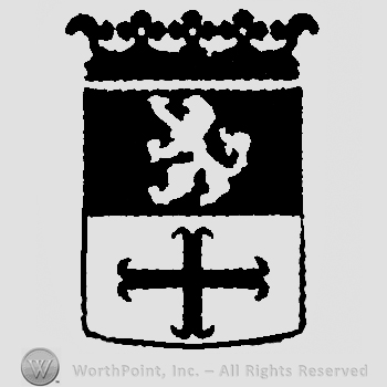 crowned shield with a lion on the top and a cross on the bottom.