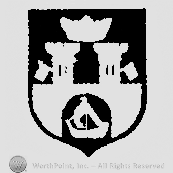 Shield with a two-towers castle; a crown above and a boat bellow.