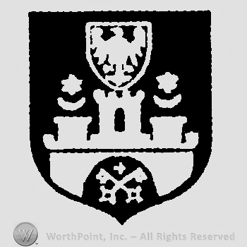Shield with a castle, crescent and a star above each tower, shield with an eagle above and two crossed keys bellow.