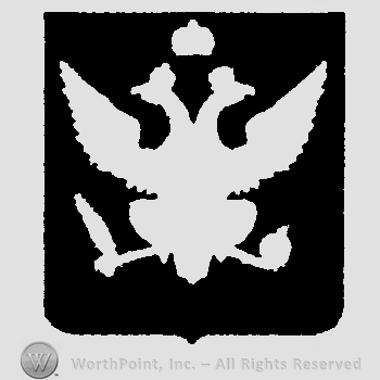 Shield with double headed eagle and crown above.