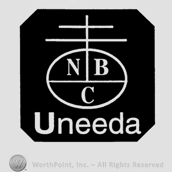 An oval split in three with letters NBC written in each division, double cross arising from it, the word Uneeda written below.