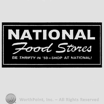 The text National Food Stores Be Thrifty in '50 - Shop at National! written inside a double-lined rectangle.