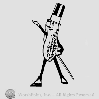 The image of Mister Peanut (a man with a peanut body, cane, hat and monocle) with an arm raised.