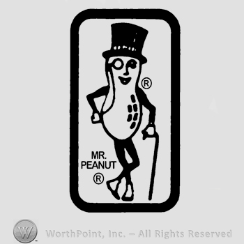 The image of Mister Peanut (a man with a peanut body, cane, hat and monocle), inside a rectangle and the Registered symbol placed twice inside the same rectangle.