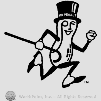 The image of Mister Peanut (a man with a peanut body, a cane, a hat and a monocle), running.