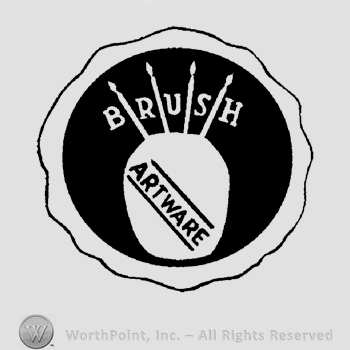 A pot with four brushes and the letters of the word Brush interlaced between them, the word Artware written on the pot in uppercase letters, all inside a waved-line circle.