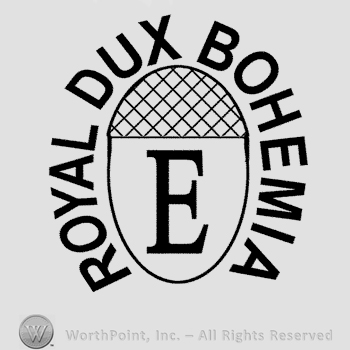 Uppercase letter E written on an acorn, the text Royal Dux Bohemia written around it in uppercase letters.