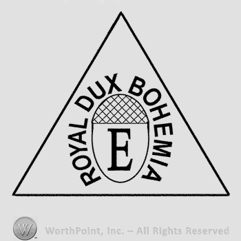 An acorn with uppercase E written on it, the text Royal Dux Bohemia written in uppercase letters around it, all inside a triangle.