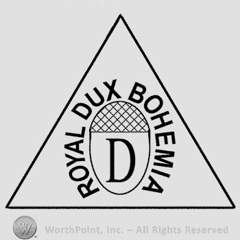 Uppercase D on an acorn, the text Royal Dux Bohemia written in uppercase letters around it, all inside a triangle