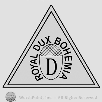 An acorn with letter D written on it and the text Royal Dux Bohemia written around it, all inside a double-lined triangle.