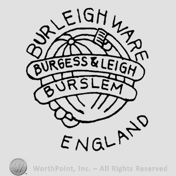 A globe with two ribbons and the text Burgess & Leigh and Burslem written on them in uppercase letters, the text Burleigh Ware England written around the globe in uppercase letters.