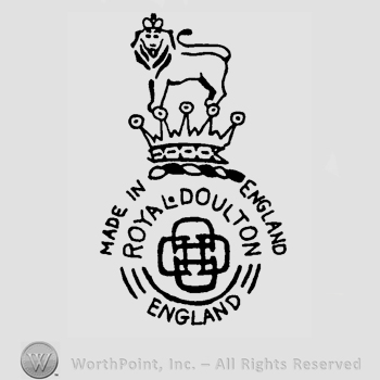 A crowned lion standing on a crown, the text Made in England written below in uppercase letters, Royal Doulton England and four D's placed in cross written at the bottom.