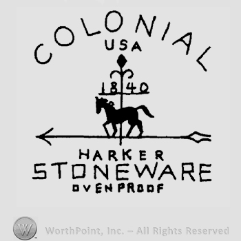 A horse with an arrow below and a vertical stick with fleur de lis on top, number 1840 written on it, the text Colonial USA Harker Stoneware Oven Proof written above and below with uppercase letters.