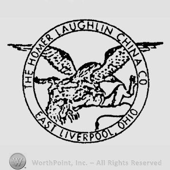 A flying eagle over a crest inside a double-lined circle, the text The Homer Laughlin China Co East Liverpool Ohio written in uppercase letters around the circle.