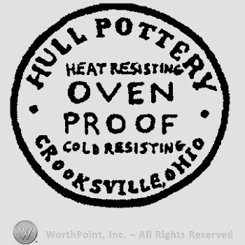 The text Hull Pottery Heat Resisting Oven Proof Cold Resisting Crooksville Ohio written in uppercase letters, all inside a circle.