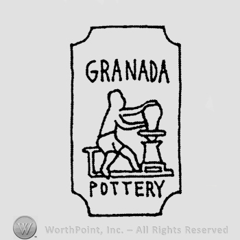 A potter at wheel, Granada Pottery written in uppercase letters, all inside a rectangular-shaped design.