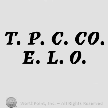 Letters T.P.C. Co. written in uppercase over letters E.L.O., still in uppercase.