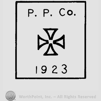 A square with a cross inside and the text P.P.Co. 1923 written around it.