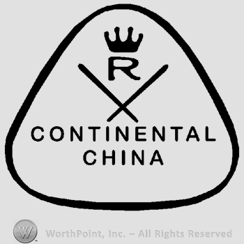A crown over letter R and two crossed sticks, Continental China written in uppercase letters, all inside an oval-shaped design.