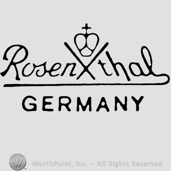 A crown over two crossed sticks and the word Rosenthal handwritten like a signature, Germany written below in uppercase letters.