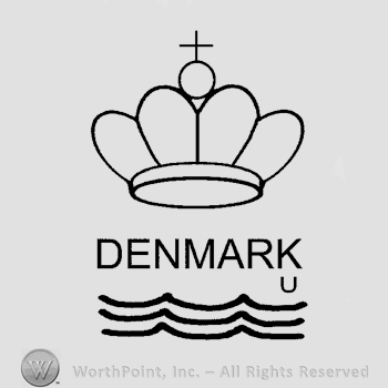 A crown over the word Denmark in uppercase letters, letter U smaller on the right and three waved lines below.