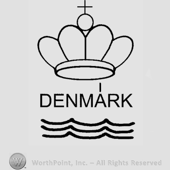 A crown over the word Denmark and three waved lines below, letter A in Denmark has a vertical line above.