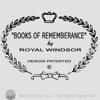 An oval made of branches with a crown on top and a bow below, the text Books of Remembrance by Royal Windsor Design Patented written in uppercase letters, the Copyright symbol written below.