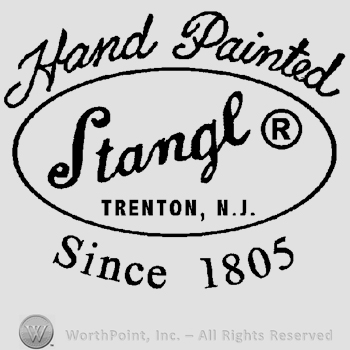 The text Hand Painted handwritten over an oval with the text Stangl &reg; Trenton N.J. written inside, Since 1805 written below.