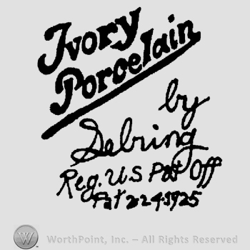 The text Ivory Porcelain written like a signature over the text By Sebring Reg. US Pat. Off Pat. 2240025 handwritten below.