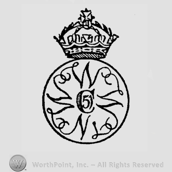 A crown over a circle that contains letter M written twice along with letters N and L, connected, around uppercase C and number 5 in the center.